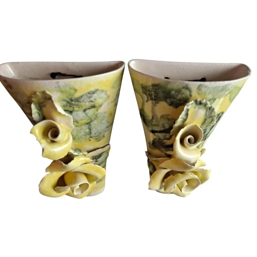 Vtg Lora Aileen Cali Green & Yellow Floral Capodimonte Wall Pocket Vase Set